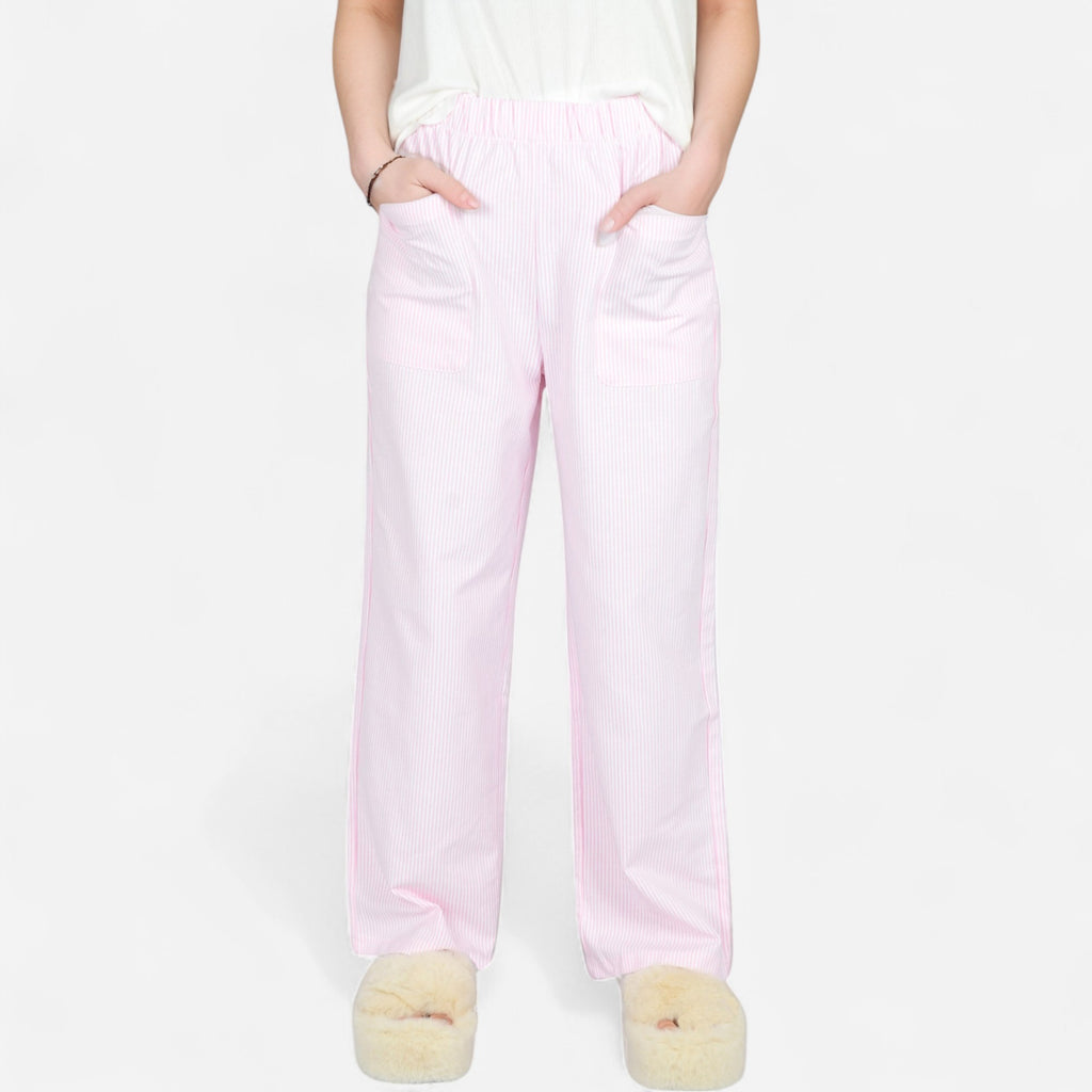 Anna-Kaci Women's Pink Pinstripe Lounge Pants with Elastic Waistband Large Front Patch Pockets and Relaxed Straight Leg Fit