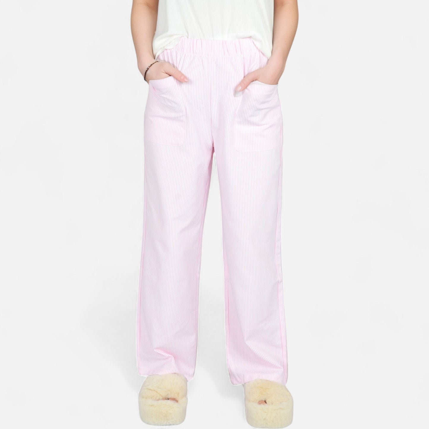 Anna-Kaci Women's Pink Pinstripe Lounge Pants with Elastic Waistband Large Front Patch Pockets and Relaxed Straight Leg Fit