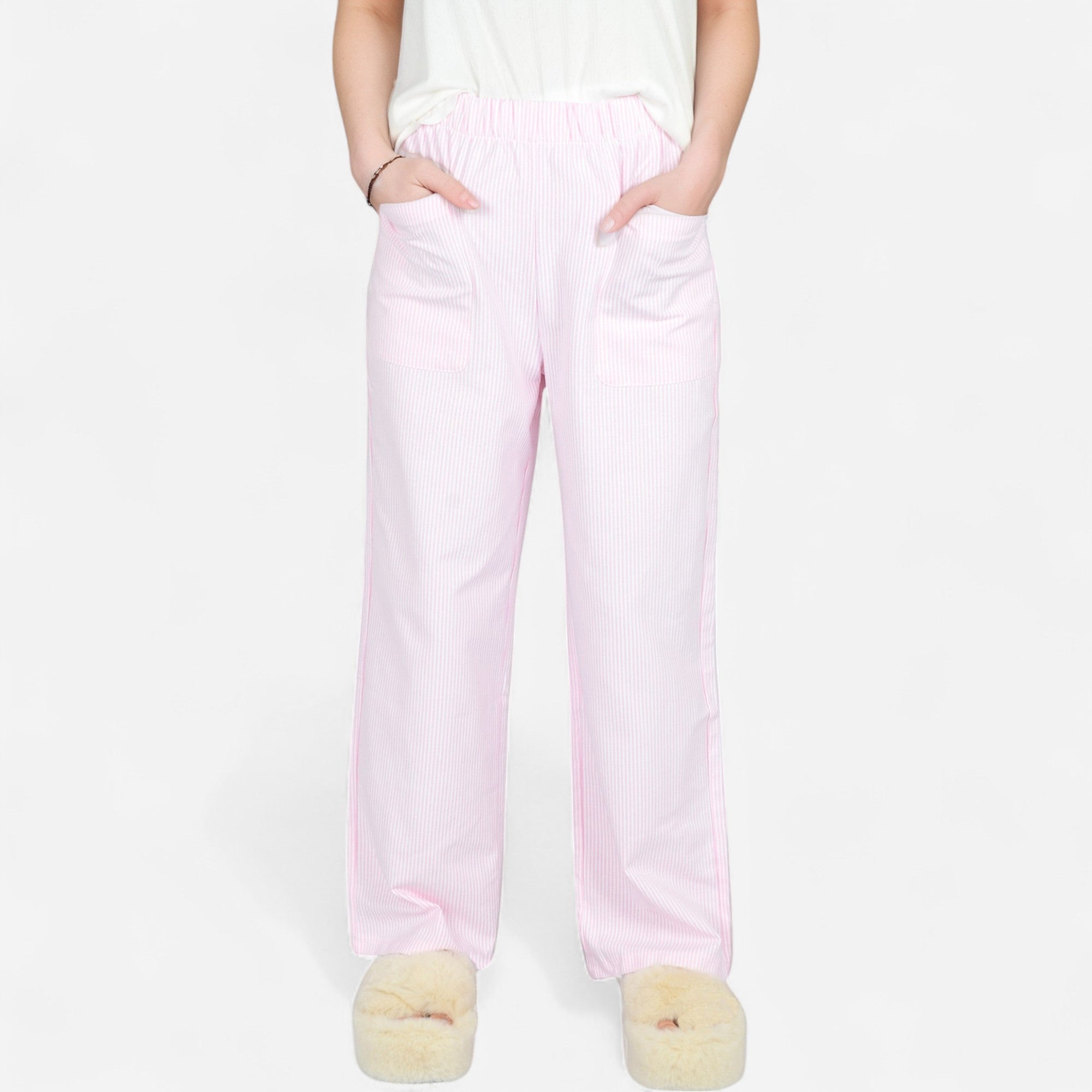 Anna-Kaci Women's Pink Pinstripe Lounge Pants with Elastic Waistband Large Front Patch Pockets and Relaxed Straight Leg Fit