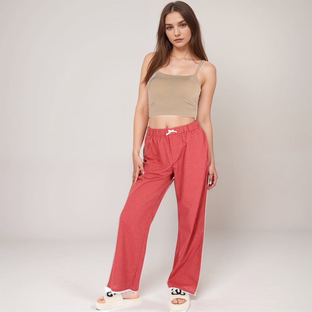 Anna-Kaci Women's Red Checkered Lounge Pants with Elastic Waistband White Bow Tie Detail and Relaxed Full-Length Wide Leg Fit