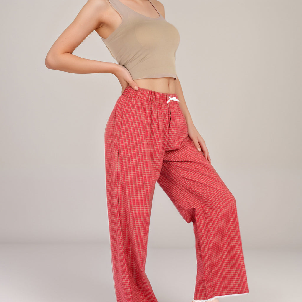 Anna-Kaci Women's Red Checkered Lounge Pants with Elastic Waistband White Bow Tie Detail and Relaxed Full-Length Wide Leg Fit