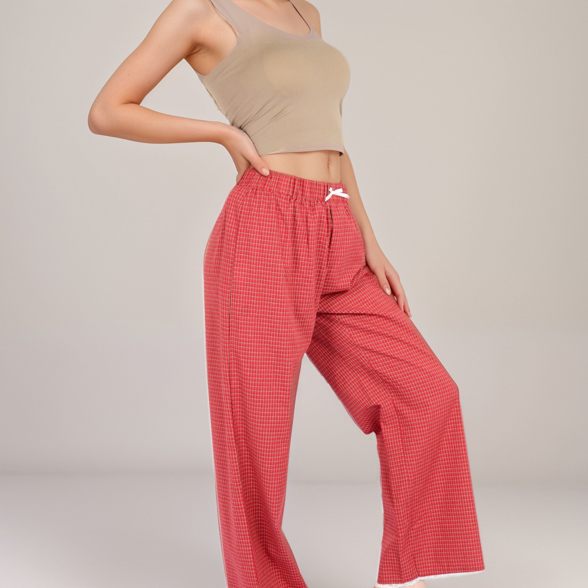 Anna-Kaci Women's Red Checkered Lounge Pants with Elastic Waistband White Bow Tie Detail and Relaxed Full-Length Wide Leg Fit