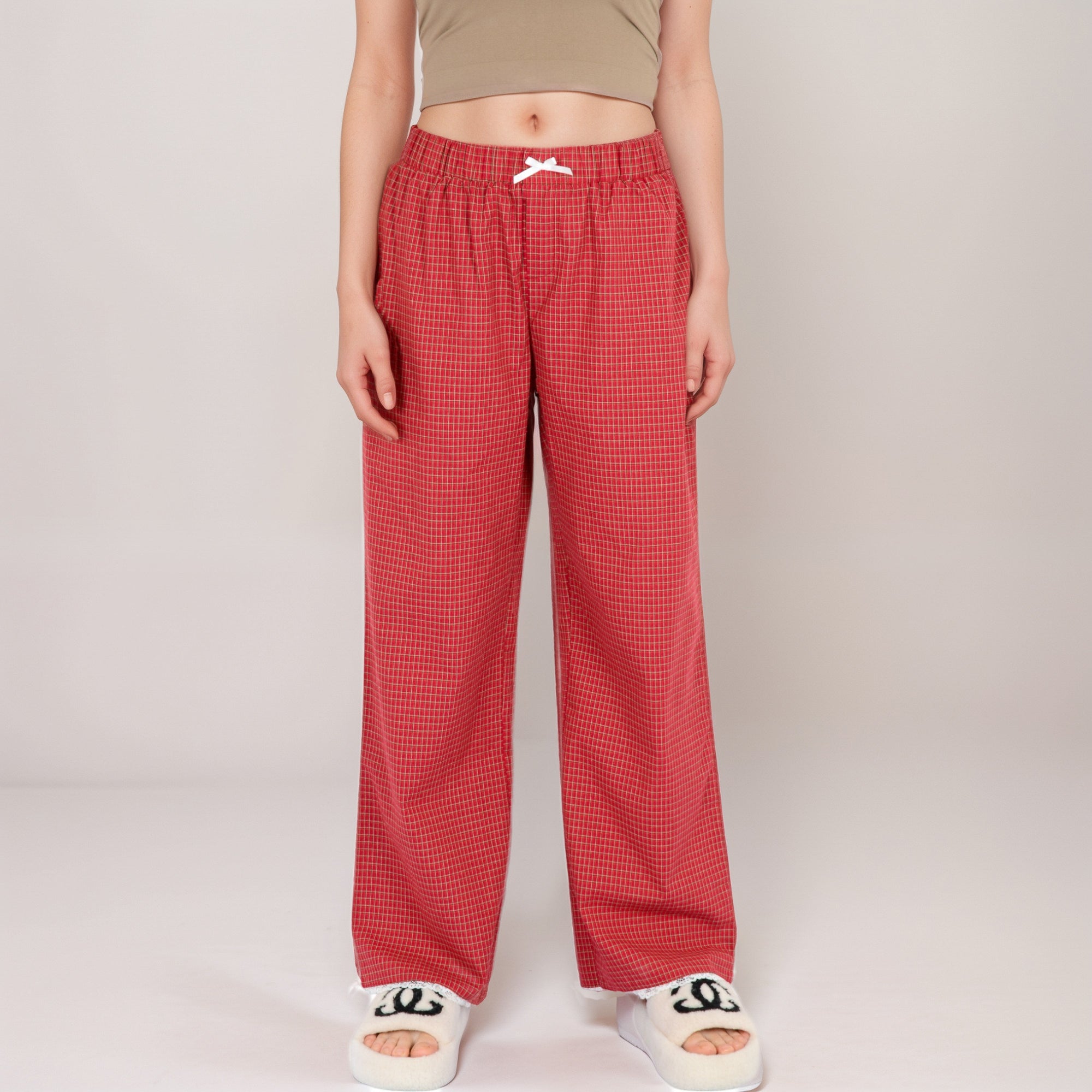 Anna-Kaci Women's Red Checkered Lounge Pants with Elastic Waistband White Bow Tie Detail and Relaxed Full-Length Wide Leg Fit