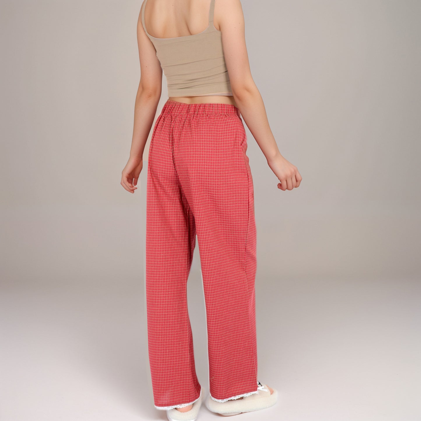 Anna-Kaci Women's Red Checkered Lounge Pants with Elastic Waistband White Bow Tie Detail and Relaxed Full-Length Wide Leg Fit