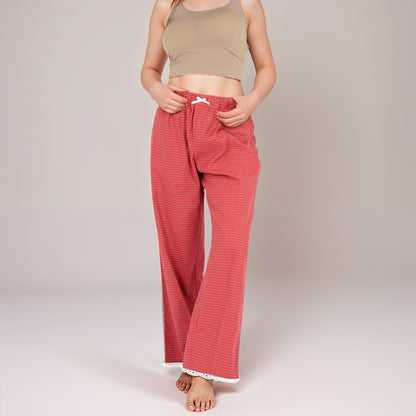 Anna-Kaci Women's Red Checkered Lounge Pants with Elastic Waistband White Bow Tie Detail and Relaxed Full-Length Wide Leg Fit