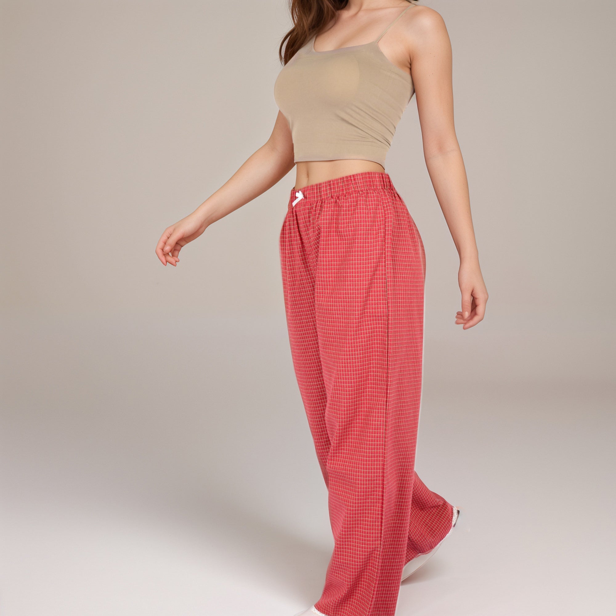 Anna-Kaci Women's Red Checkered Lounge Pants with Elastic Waistband White Bow Tie Detail and Relaxed Full-Length Wide Leg Fit