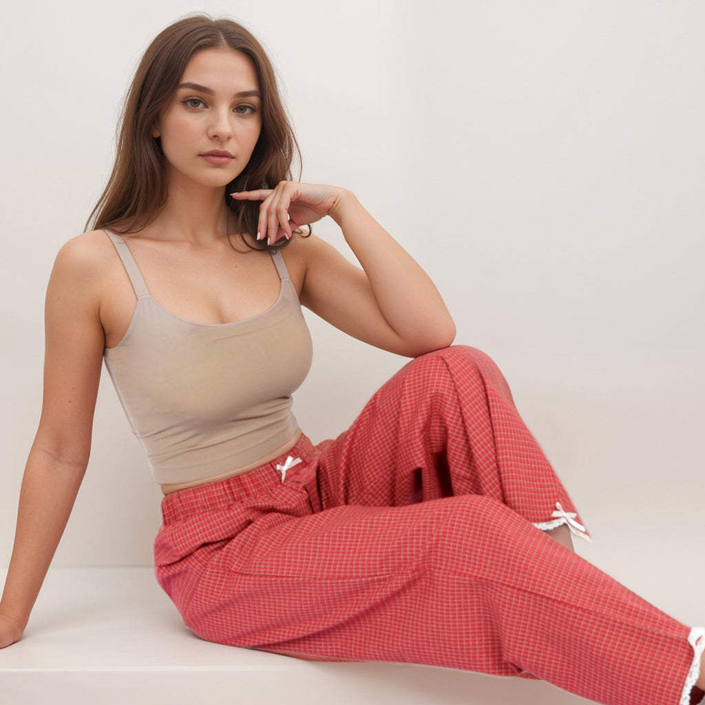 Anna-Kaci Women's Red Checkered Lounge Pants with Elastic Waistband White Bow Tie Detail and Relaxed Full-Length Wide Leg Fit