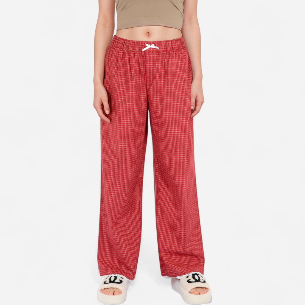 Anna-Kaci Women's Red Checkered Lounge Pants with Elastic Waistband White Bow Tie Detail and Relaxed Full-Length Wide Leg Fit