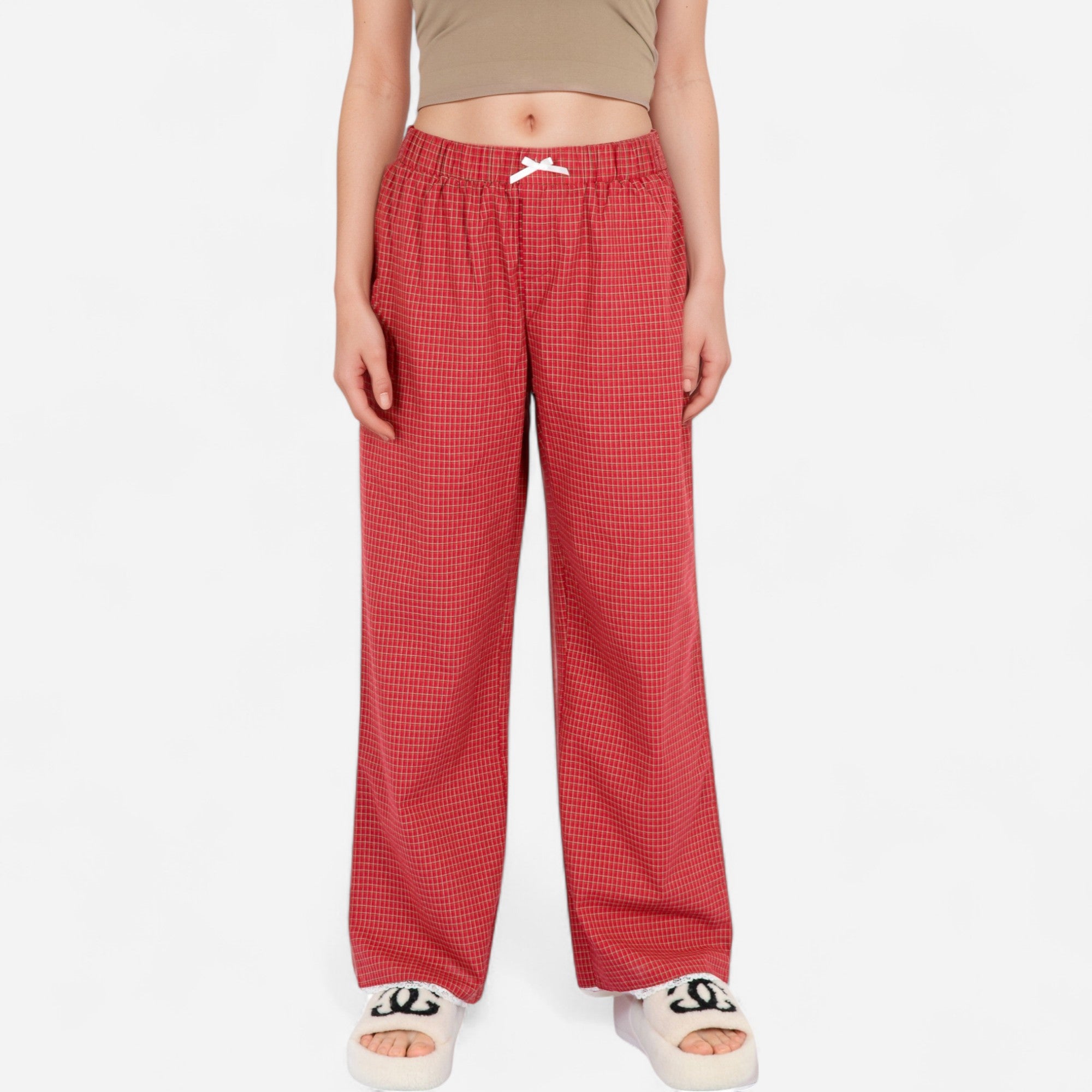 Anna-Kaci Women's Red Checkered Lounge Pants with Elastic Waistband White Bow Tie Detail and Relaxed Full-Length Wide Leg Fit