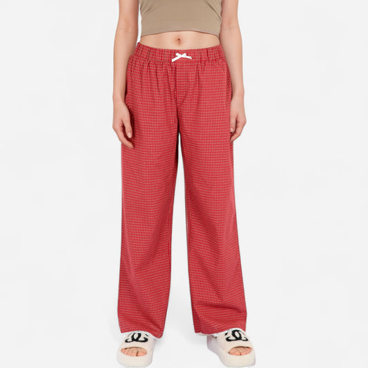 Anna-Kaci Women's Red Checkered Lounge Pants with Elastic Waistband White Bow Tie Detail and Relaxed Full-Length Wide Leg Fit