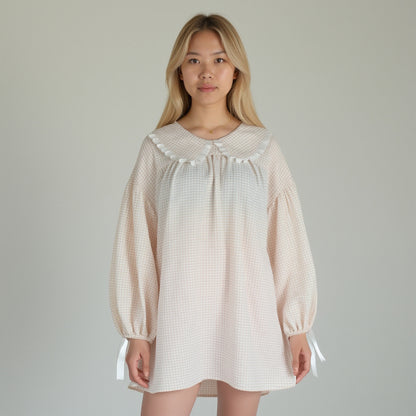 Anna-Kaci Lounge Women's Gingham Long Sleeve Nightgown with Peter Pan Collar and Ribbon Trim Detail