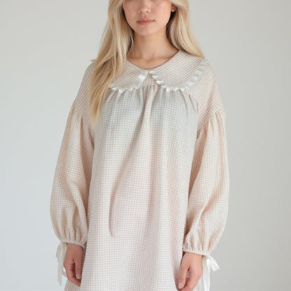 Anna-Kaci Lounge Women's Gingham Long Sleeve Nightgown with Peter Pan Collar and Ribbon Trim Detail