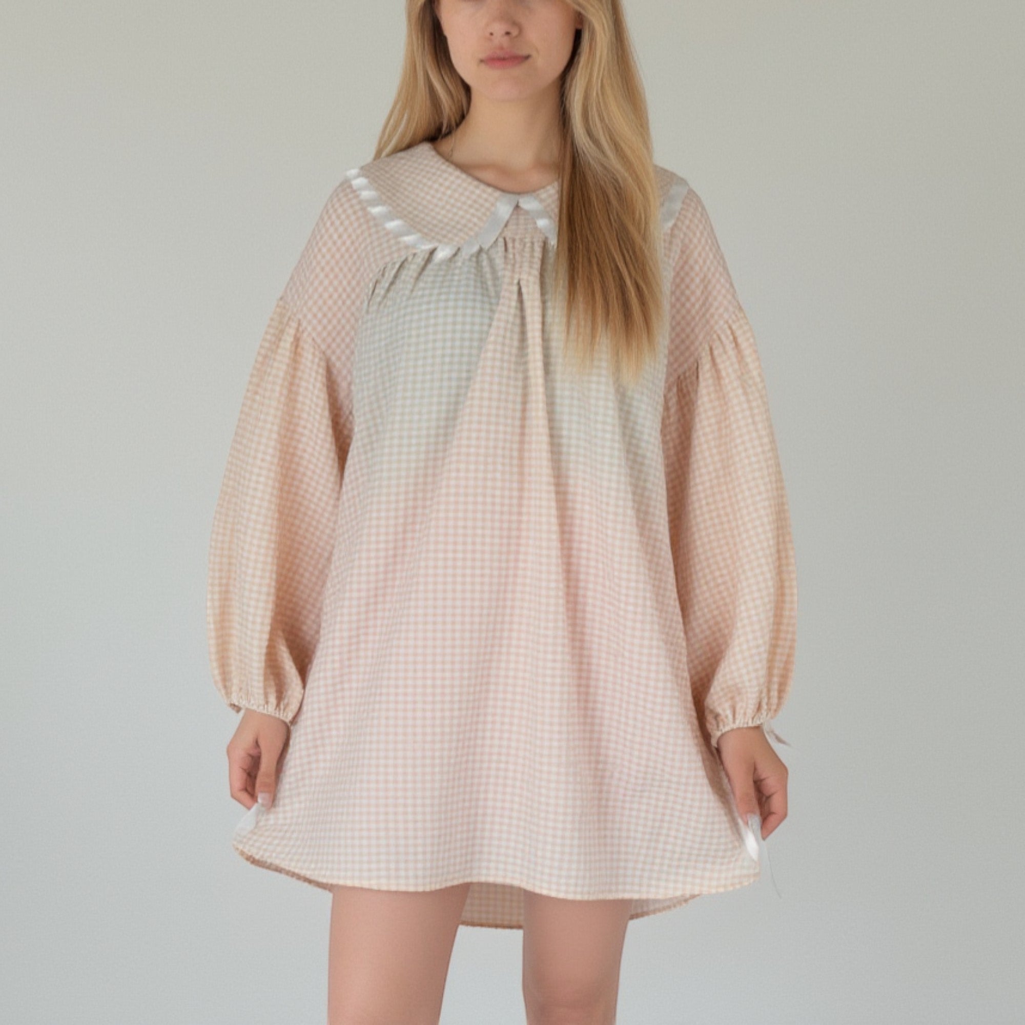 Anna-Kaci Lounge Women's Gingham Long Sleeve Nightgown with Peter Pan Collar and Ribbon Trim Detail