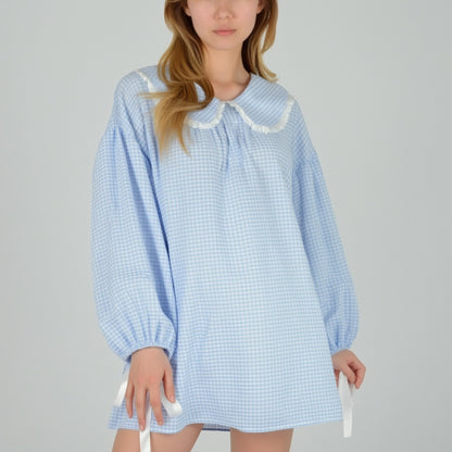 Anna-Kaci Lounge Women's Gingham Long Sleeve Nightgown with Peter Pan Collar and Ribbon Trim Detail