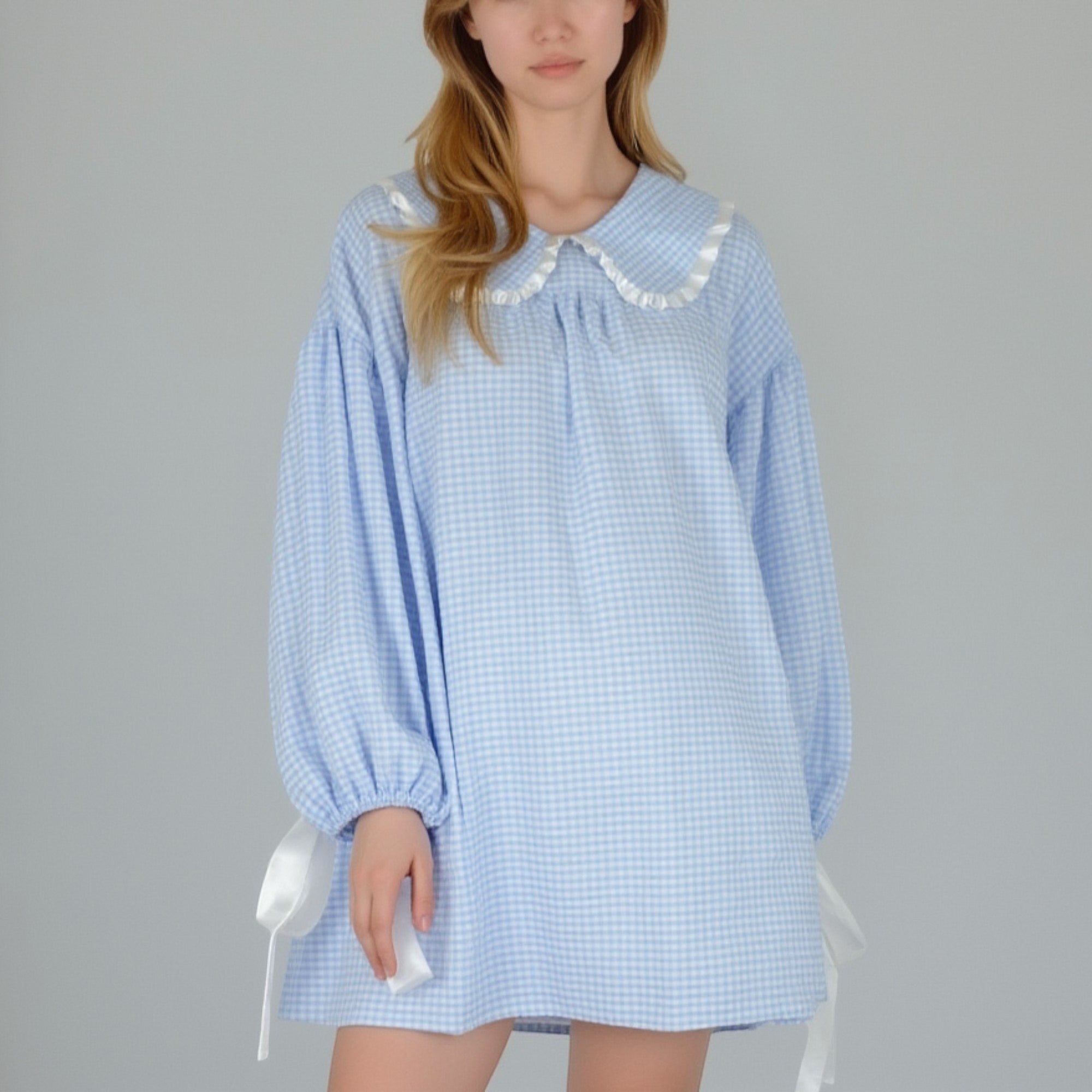Anna-Kaci Lounge Women's Gingham Long Sleeve Nightgown with Peter Pan Collar and Ribbon Trim Detail