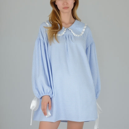 Anna-Kaci Lounge Women's Gingham Long Sleeve Nightgown with Peter Pan Collar and Ribbon Trim Detail