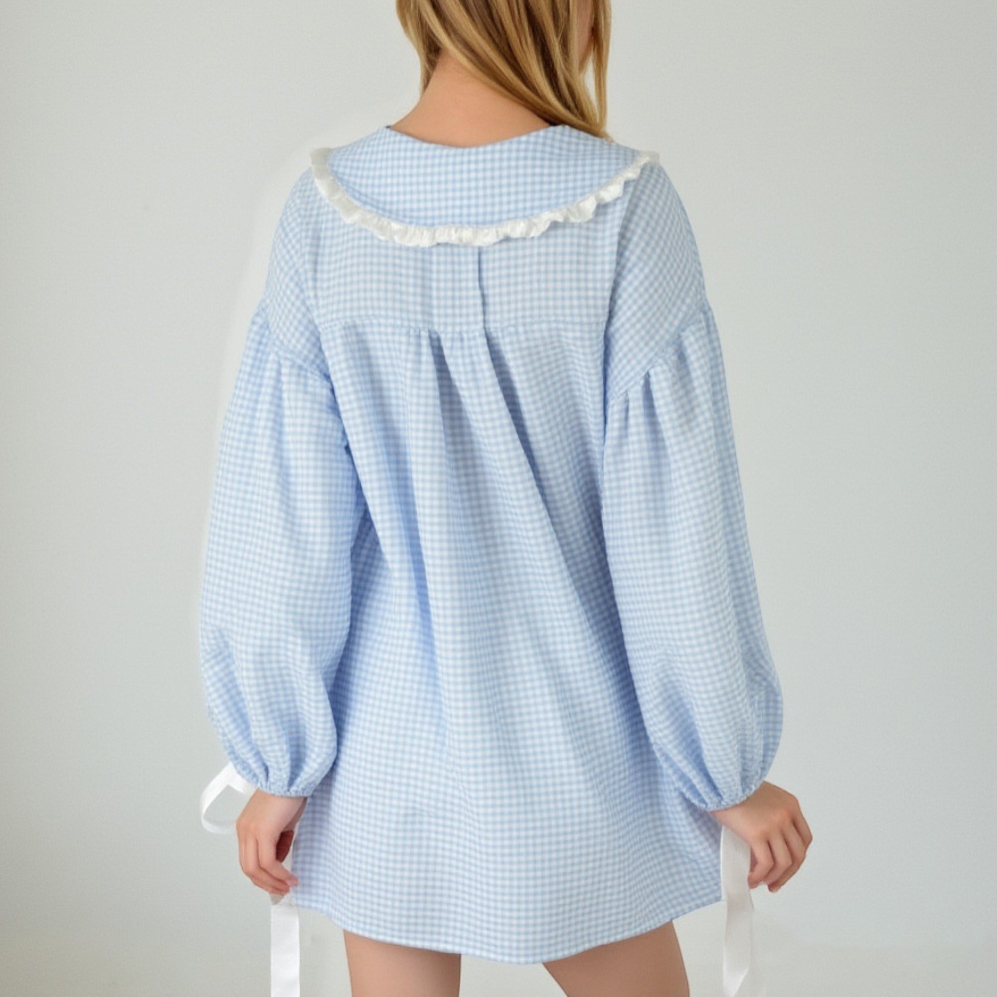 Anna-Kaci Lounge Women's Gingham Long Sleeve Nightgown with Peter Pan Collar and Ribbon Trim Detail