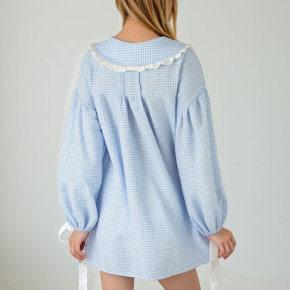 Anna-Kaci Lounge Women's Gingham Long Sleeve Nightgown with Peter Pan Collar and Ribbon Trim Detail