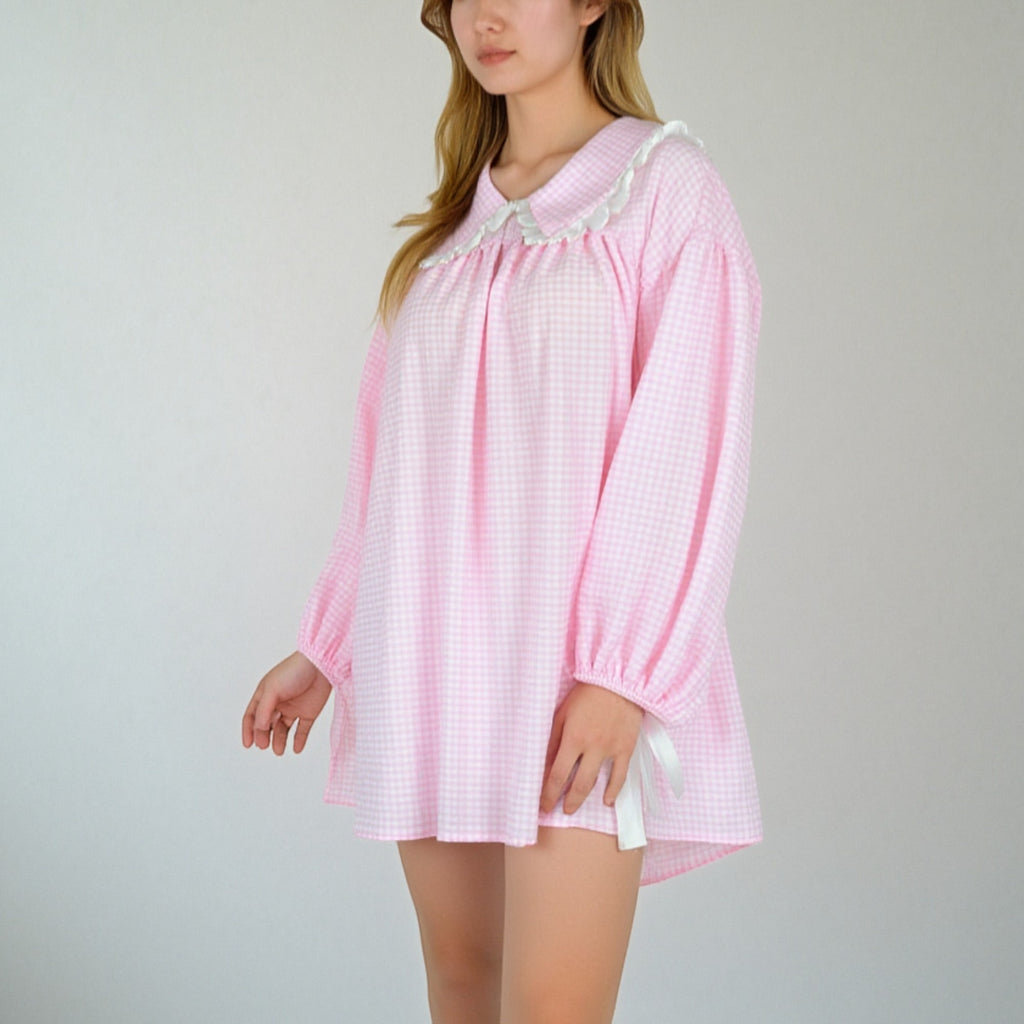 Anna-Kaci Lounge Women's Gingham Long Sleeve Nightgown with Peter Pan Collar and Ribbon Trim Detail