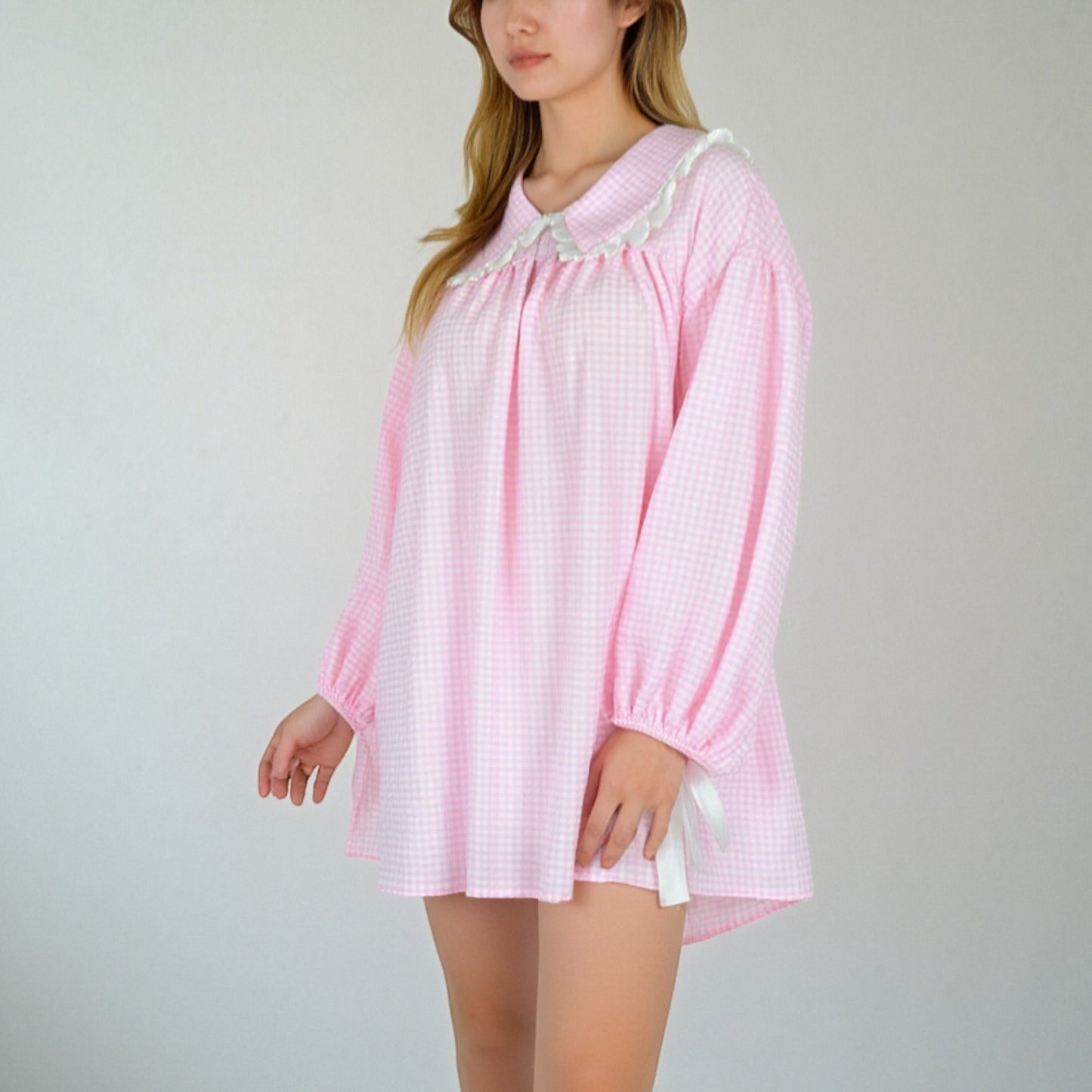 Anna-Kaci Lounge Women's Gingham Long Sleeve Nightgown with Peter Pan Collar and Ribbon Trim Detail