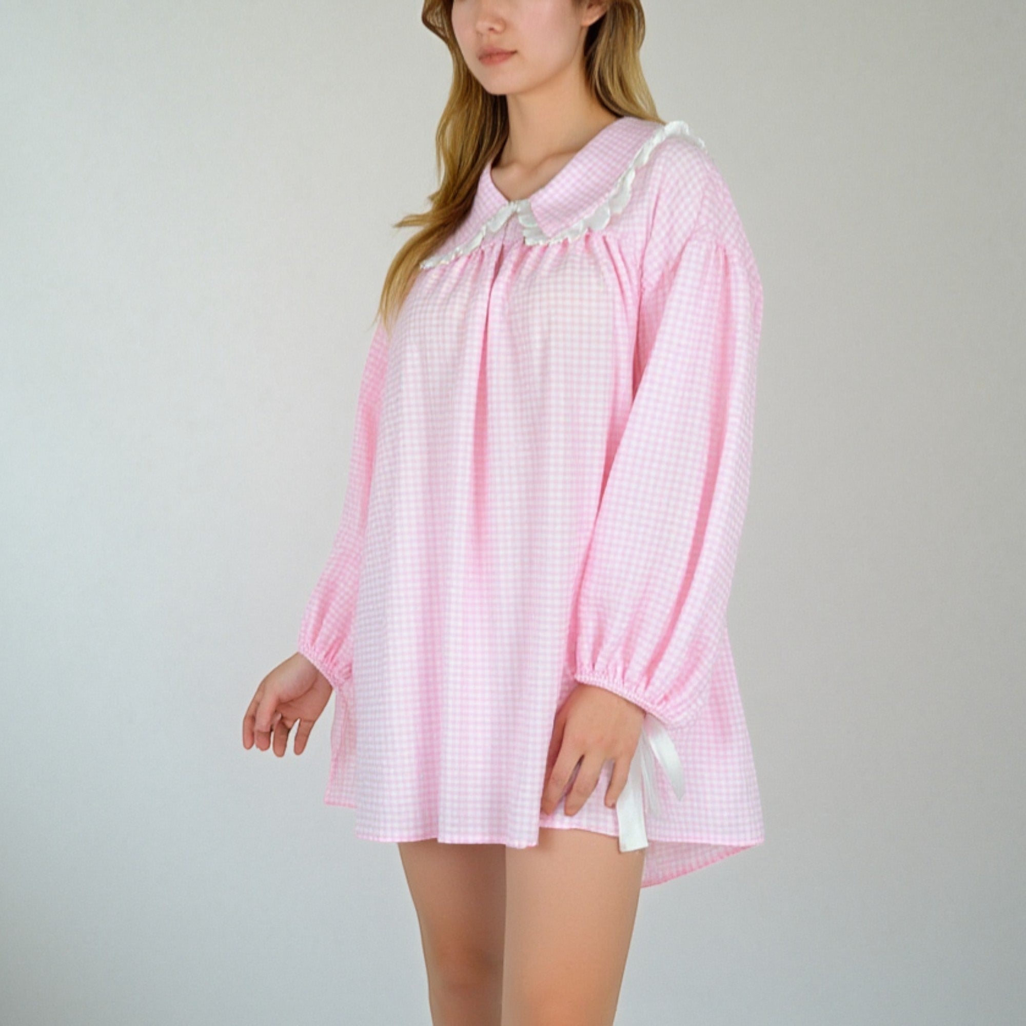 Anna-Kaci Lounge Women's Gingham Long Sleeve Nightgown with Peter Pan Collar and Ribbon Trim Detail