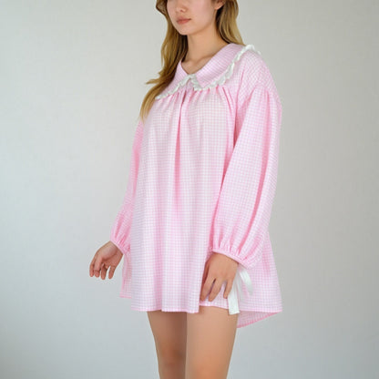 Anna-Kaci Lounge Women's Gingham Long Sleeve Nightgown with Peter Pan Collar and Ribbon Trim Detail