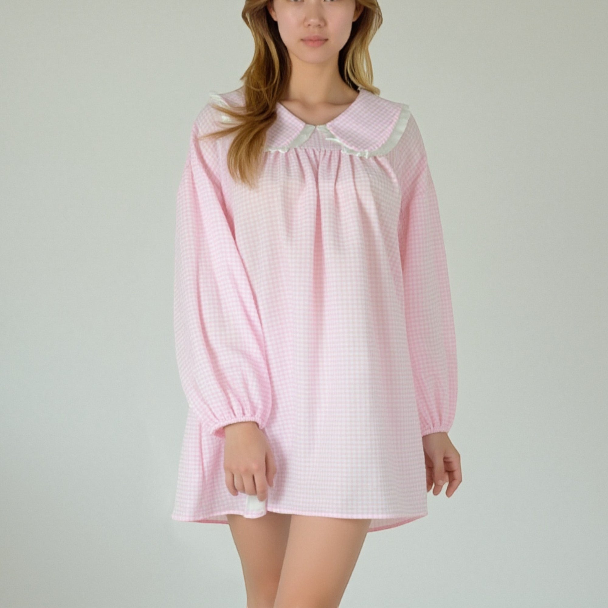 Anna-Kaci Lounge Women's Gingham Long Sleeve Nightgown with Peter Pan Collar and Ribbon Trim Detail
