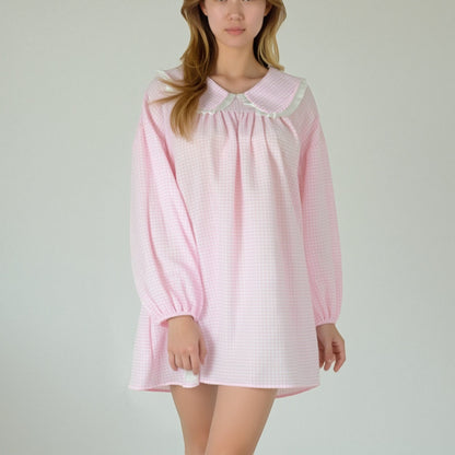 Anna-Kaci Lounge Women's Gingham Long Sleeve Nightgown with Peter Pan Collar and Ribbon Trim Detail