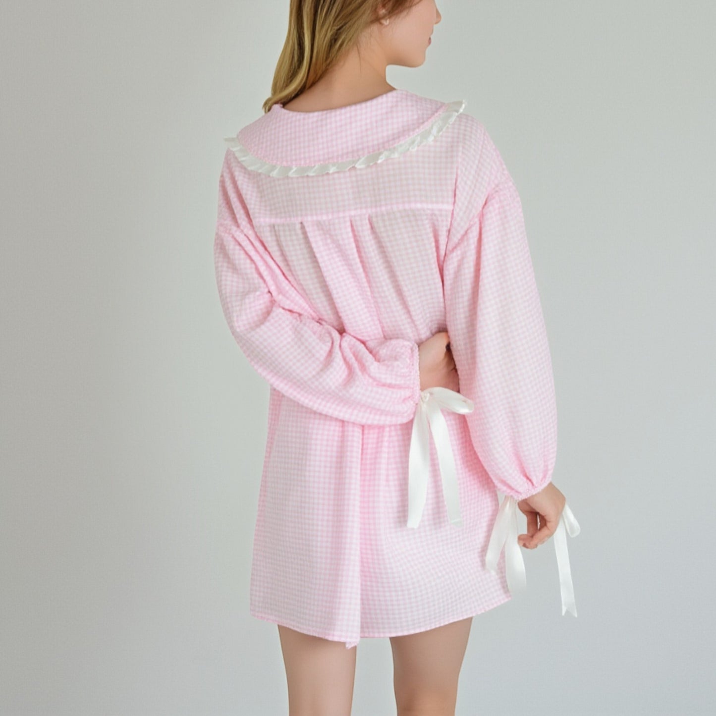 Anna-Kaci Lounge Women's Gingham Long Sleeve Nightgown with Peter Pan Collar and Ribbon Trim Detail