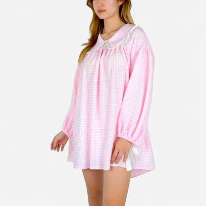 Anna-Kaci Lounge Women's Gingham Long Sleeve Nightgown with Peter Pan Collar and Ribbon Trim Detail