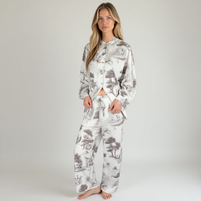 Anna-Kaci Lounge Women's Toile Print Button Up Pajama Set with Long Sleeve Top and Elastic Waist Drawstring Pants