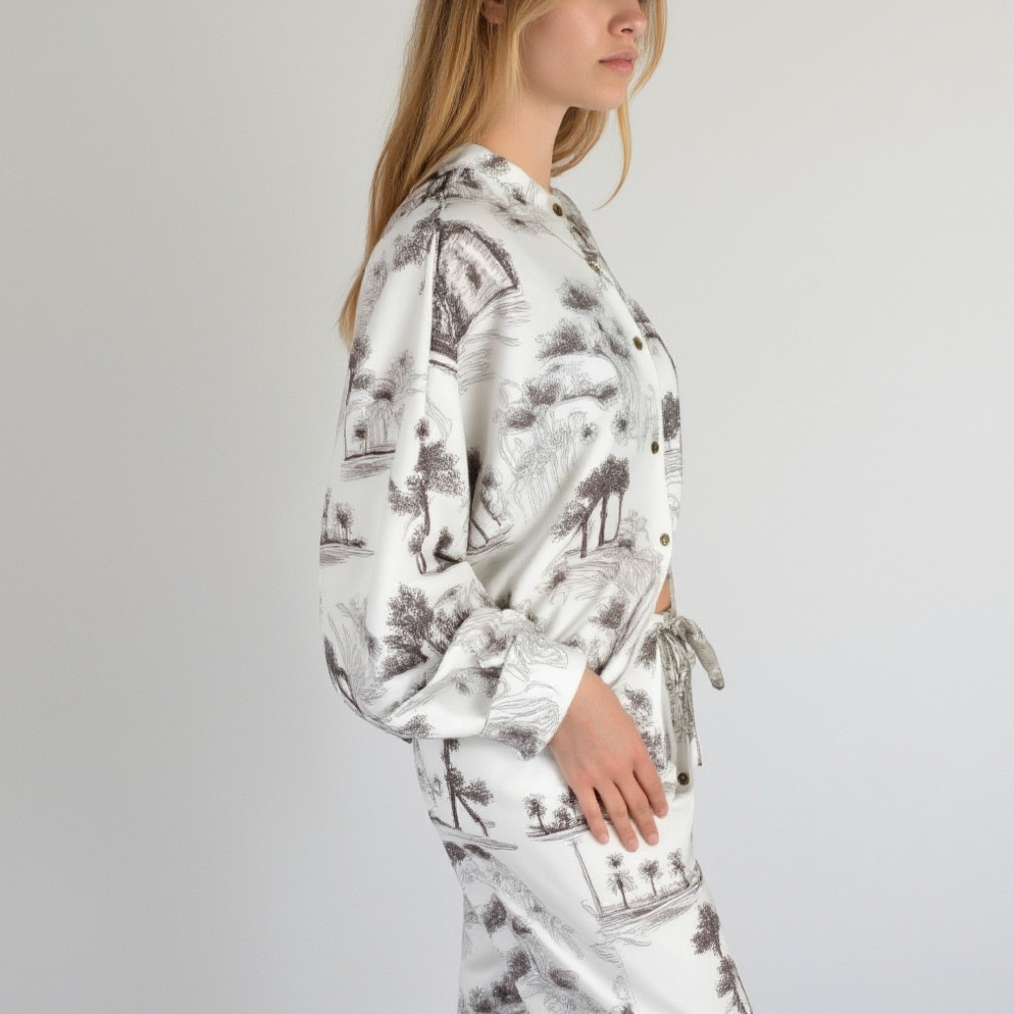 Anna-Kaci Lounge Women's Toile Print Button Up Pajama Set with Long Sleeve Top and Elastic Waist Drawstring Pants
