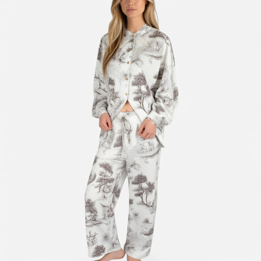Anna-Kaci Lounge Women's Toile Print Button Up Pajama Set with Long Sleeve Top and Elastic Waist Drawstring Pants