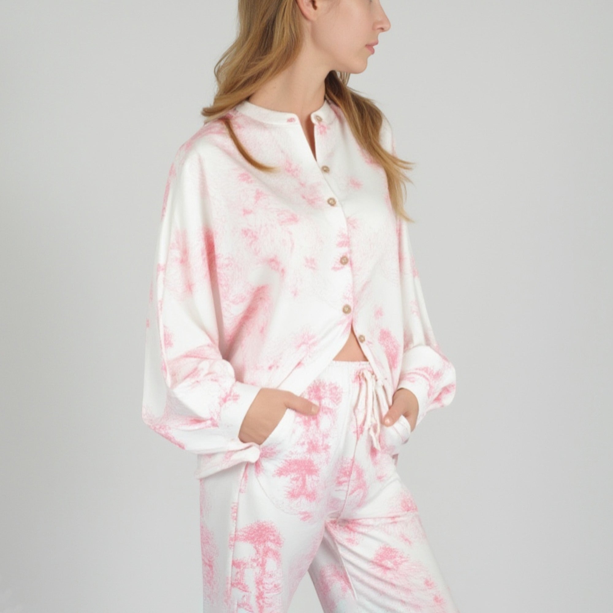 Anna-Kaci Lounge Women's Toile Print Button Up Pajama Set with Long Sleeve Top and Elastic Waist Drawstring Pants