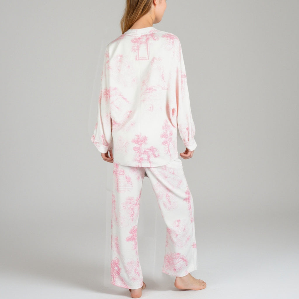 Anna-Kaci Lounge Women's Toile Print Button Up Pajama Set with Long Sleeve Top and Elastic Waist Drawstring Pants