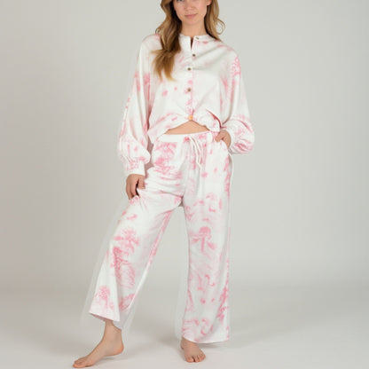 Anna-Kaci Lounge Women's Toile Print Button Up Pajama Set with Long Sleeve Top and Elastic Waist Drawstring Pants