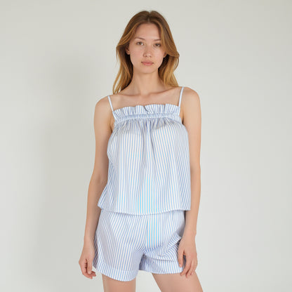 Anna-Kaci Lounge Women's Striped Pajama Set with Ruffle Trim Cami Top and Relaxed Fit Shorts