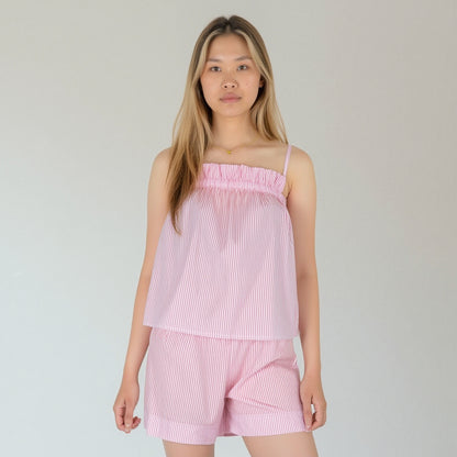 Anna-Kaci Lounge Women's Striped Pajama Set with Ruffle Trim Cami Top and Relaxed Fit Shorts