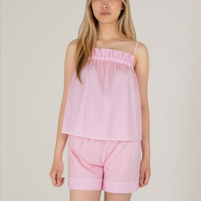 Anna-Kaci Lounge Women's Striped Pajama Set with Ruffle Trim Cami Top and Relaxed Fit Shorts