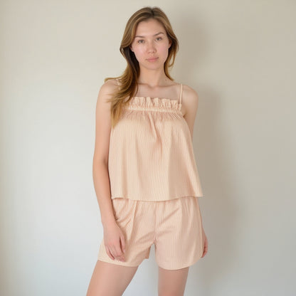 Anna-Kaci Lounge Women's Striped Pajama Set with Ruffle Trim Cami Top and Relaxed Fit Shorts