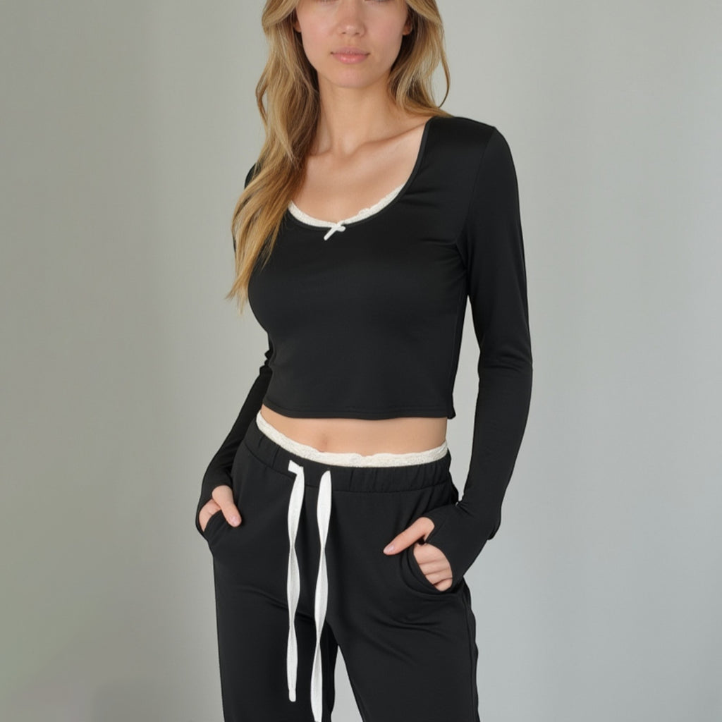 Anna-Kaci Lounge Women's Lace Trim Long Sleeve Lounge Top and Jogger Pants Pajama Set with Drawstring Waist