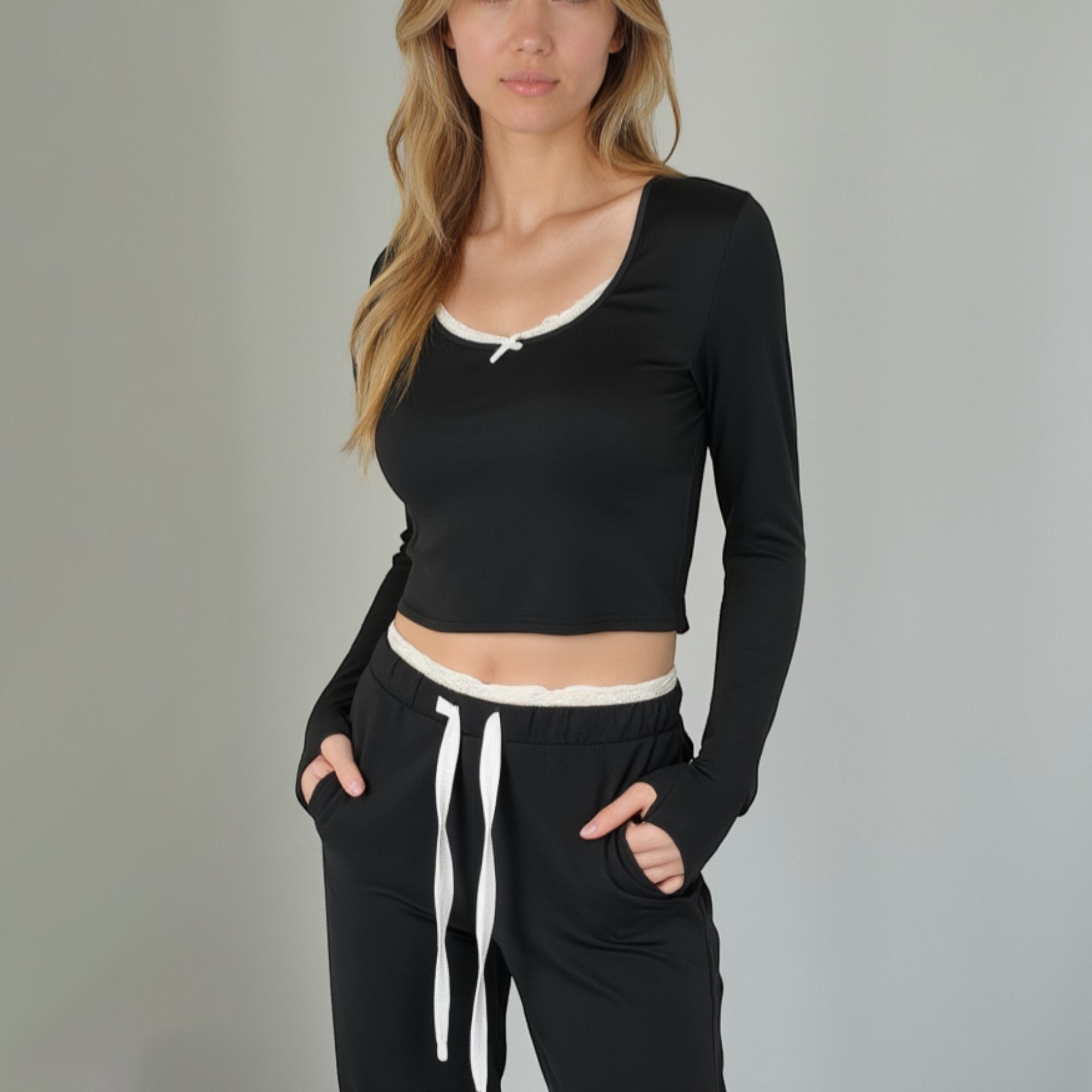 Anna-Kaci Lounge Women's Lace Trim Long Sleeve Lounge Top and Jogger Pants Pajama Set with Drawstring Waist