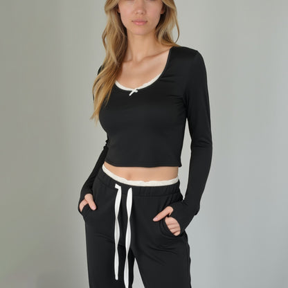 Anna-Kaci Lounge Women's Lace Trim Long Sleeve Lounge Top and Jogger Pants Pajama Set with Drawstring Waist