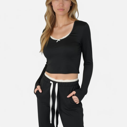 Anna-Kaci Lounge Women's Lace Trim Long Sleeve Lounge Top and Jogger Pants Pajama Set with Drawstring Waist