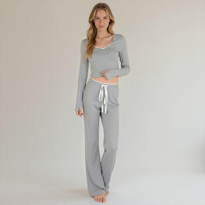 Anna-Kaci Lounge Women's Lace Trim Long Sleeve Lounge Top and Jogger Pants Pajama Set with Drawstring Waist