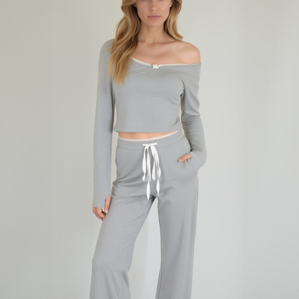 Anna-Kaci Lounge Women's Lace Trim Long Sleeve Lounge Top and Jogger Pants Pajama Set with Drawstring Waist
