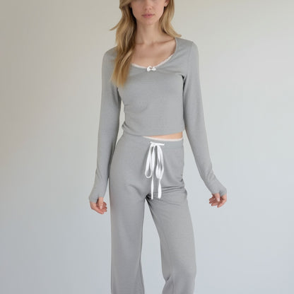 Anna-Kaci Lounge Women's Lace Trim Long Sleeve Lounge Top and Jogger Pants Pajama Set with Drawstring Waist