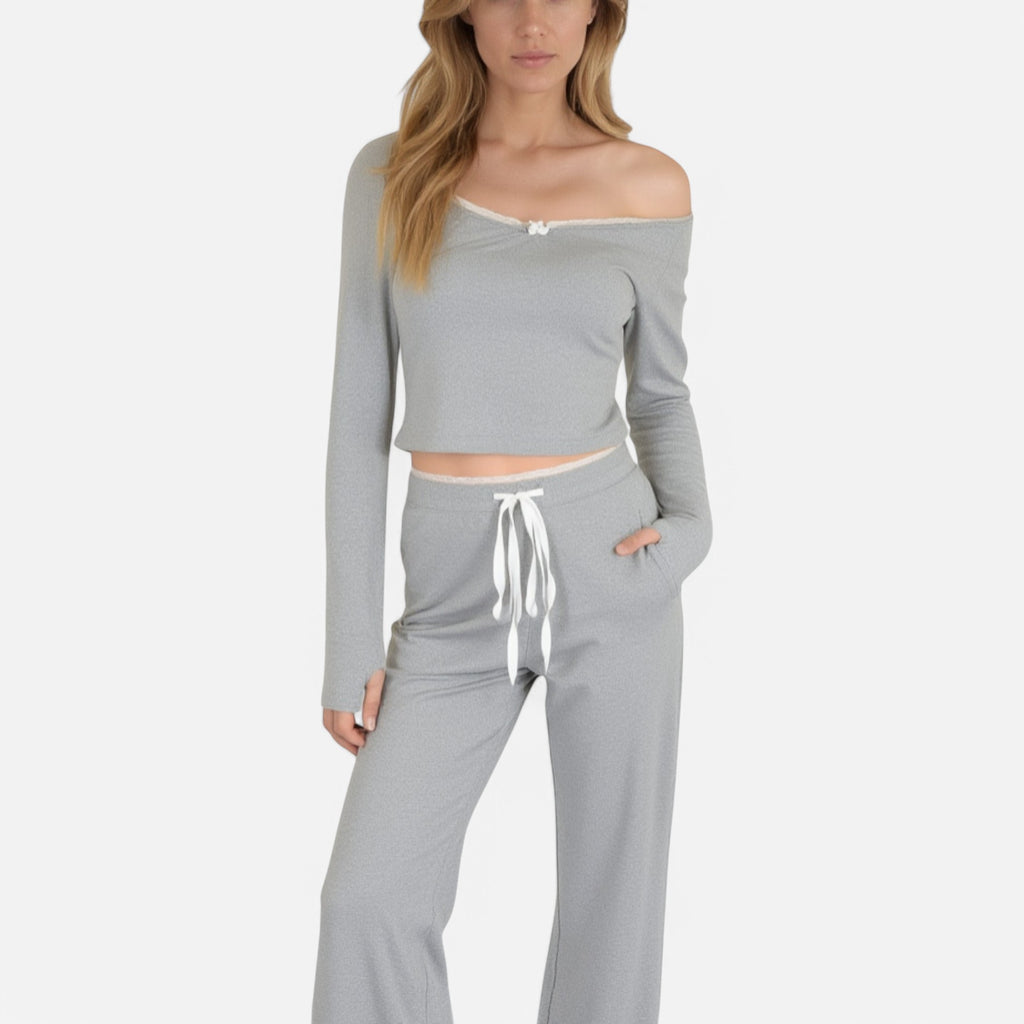 Anna-Kaci Lounge Women's Lace Trim Long Sleeve Lounge Top and Jogger Pants Pajama Set with Drawstring Waist