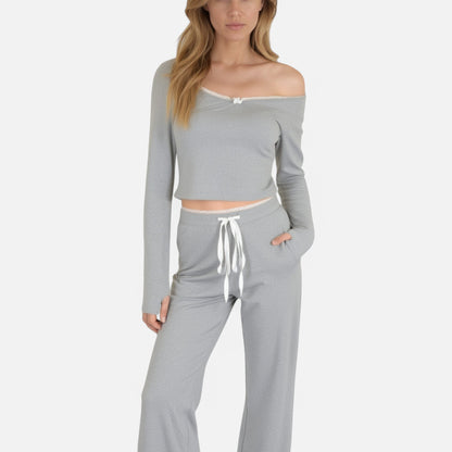 Anna-Kaci Lounge Women's Lace Trim Long Sleeve Lounge Top and Jogger Pants Pajama Set with Drawstring Waist
