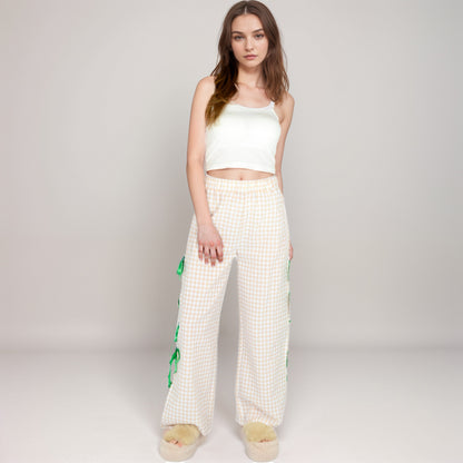 Anna-Kaci Women's Gingham Wide Leg Pants with Elastic Waistband Contrast Side Ribbon Tie Details and Relaxed Full-Length Fit